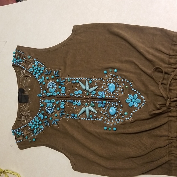 VOTRE NOM JEANS silk TOP embellished with turquoise stones  size medium - Picture 2 of 9